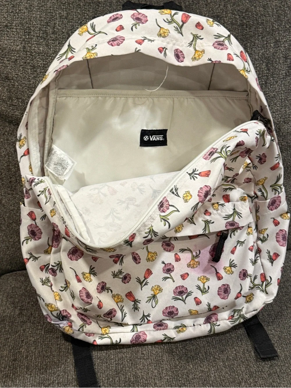 Vans Old Skool White Floral Canvas Backpack with Pink & Yellow Blossoms